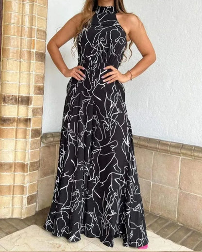 Summer women's geometric printed sleeveless pants with elegant temperament cinched waist tie up hanging neck style jumpsuit Badiee Stylez