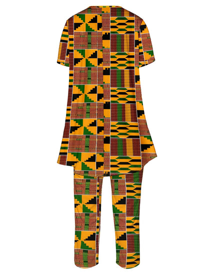 Plus Size European and American Multicolored Plaid Geometric Print Outfit, Fashionable Wide-Leg Pants Set, Comfortable to Wear,