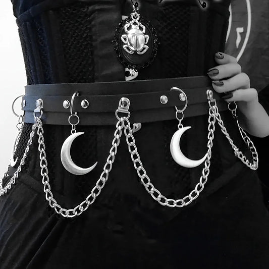 1pc Moon Pendant Chain Fringe Goth Belt Punk Black PU Leather Belts Vintage Waistband For Women daily use 95cm