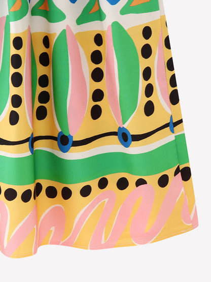 GDSTUFF Women Long Pleated Skirt Stylish Prints High Waist Back Zipper Ankle Length Vacation Bottlow Wear