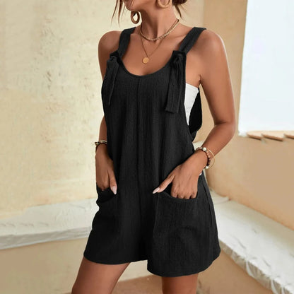 Fashion Women's Jumpsuit Summer 2024 Strappy Sleeveless Casual Loose Solid With Pockets Short Overalls Office Ladies Streetwear Black