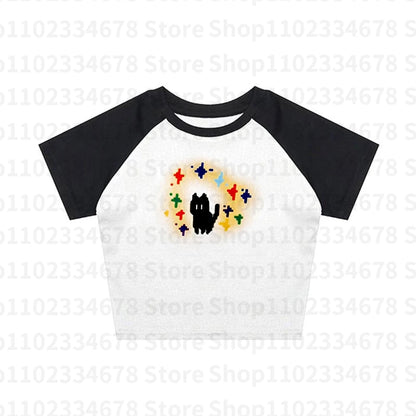 Y2k Style T-shirt Vintage Tshirt Harajuku Slim short Sleeve Shirt Crop top Streetwear women clothes Cat print baby tee Graphic 4