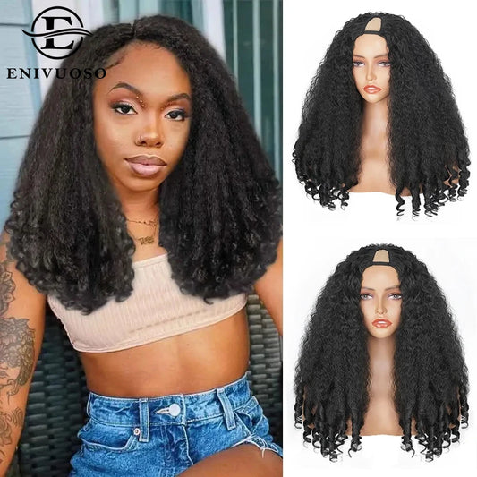 Afro Kinky Straight V Part Wigs with Bouncy Curls Short Synthetic Glueless Wigs for Black Women No Leave Out Clip in Half Wigs Badiee Stylez
