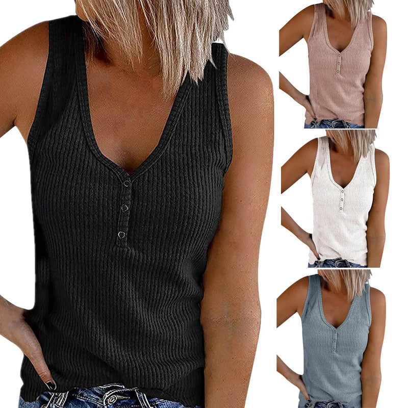 Women's Button Down Tank Top Solid Color V Neck Sleeveless T Shirts Top