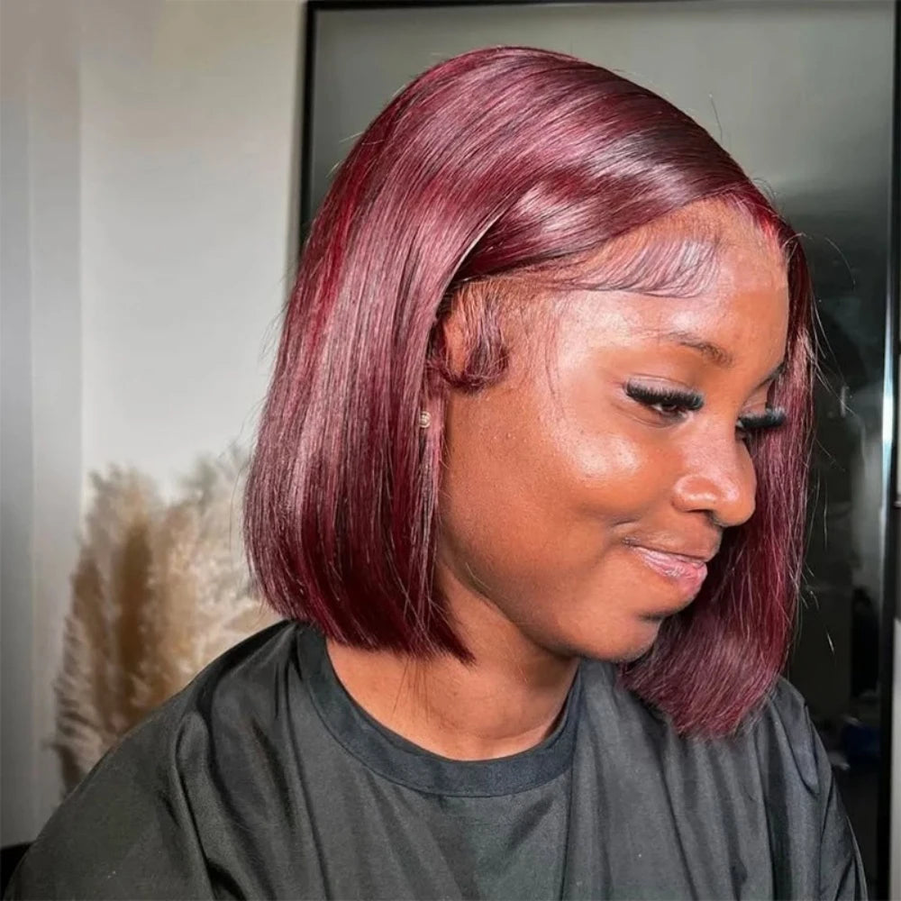 99J Burgundy Straight 13x4 Lace Frontal Bob Wigs Brazilian 100% Human Hair For Women WineRed Lace Front Human Hair Wig Short Bob Badiee Stylez