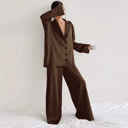 NHKDSASA Oversized Satin Silk Sleepwear Low Cut Sexy Pajamas For Women Single-Breasted Long Sleeves Wide Leg Pants Trouser Suits Brown