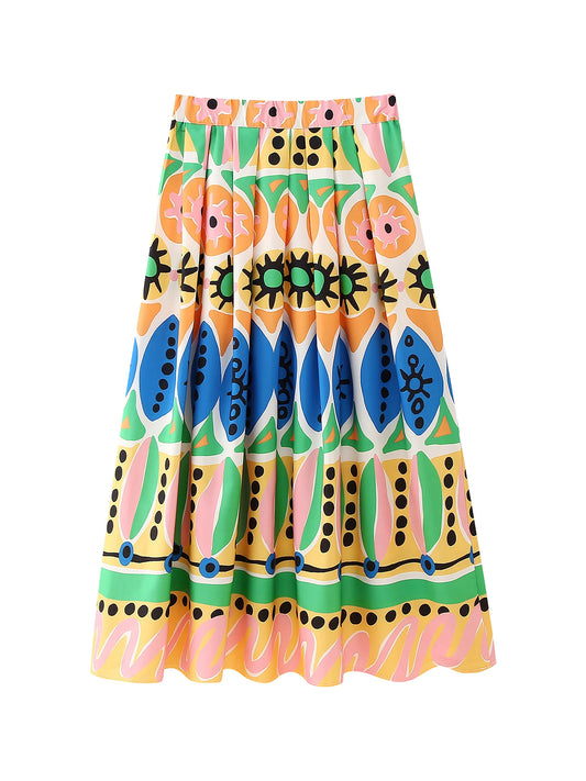 GDSTUFF Women Long Pleated Skirt Stylish Prints High Waist Back Zipper Ankle Length Vacation Bottlow Wear