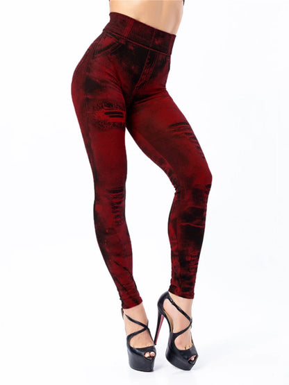 2024 Sexy Astic Imitation Jeans Leggings Women Stretch High Waist Pants Fitness Slim Push Up Leggings For Women Summer Breeches Wine Red