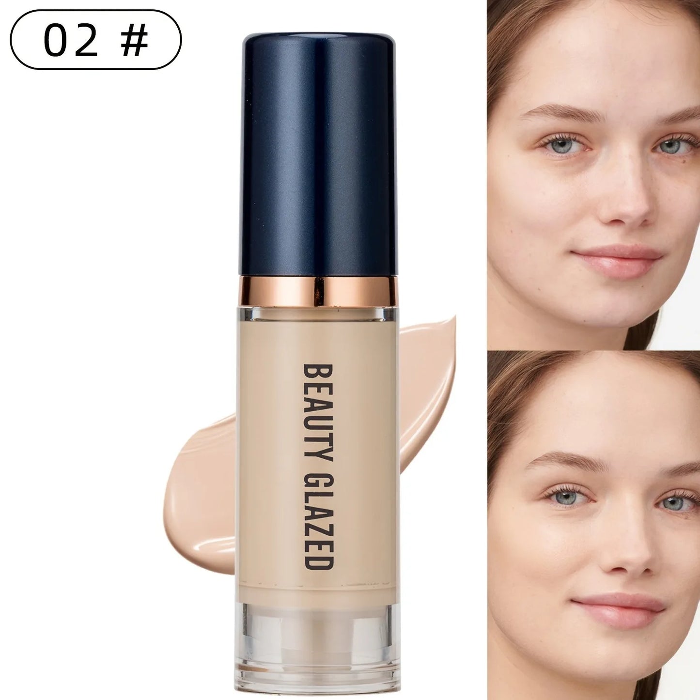Beauty Glazed 6 Color Liquid Foundation Concealer - Full Coverage, Long-Lasting, Waterproof, Natural Effect, 02
