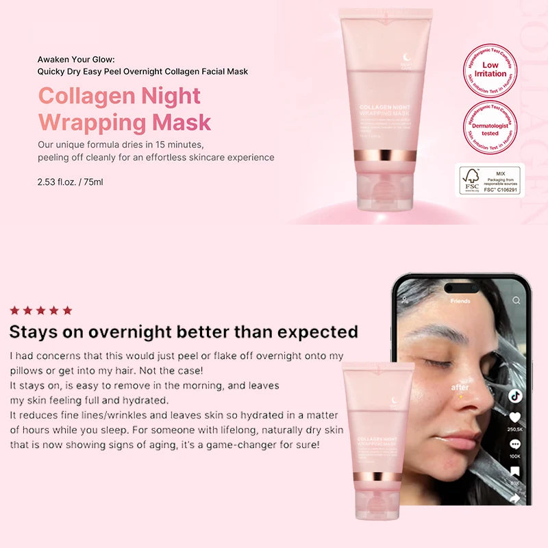 5PC Korean Collagen Wrapping Peel Off Facial Mask Elasticity Hydration Reduces Sagging Dullness Hydrolyzed Collagen Skin Care