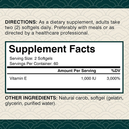 Vitamin E 1000IU Capsules - for Antioxidant, Skin, Cellular Respiration & Cardiovascular Health Support - 120 Capsules