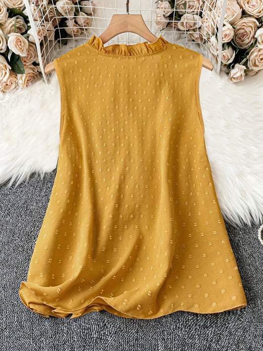 2025 Plus Size Fashion Selection! Yellow Sleeveless Polka - Dot Dress (Plus Size). The V - Neck with Delicate Lace Trim Exudes E
