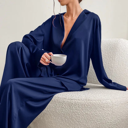 NHKDSASA Oversized Satin Silk Sleepwear Low Cut Sexy Pajamas For Women Single-Breasted Long Sleeves Wide Leg Pants Trouser Suits