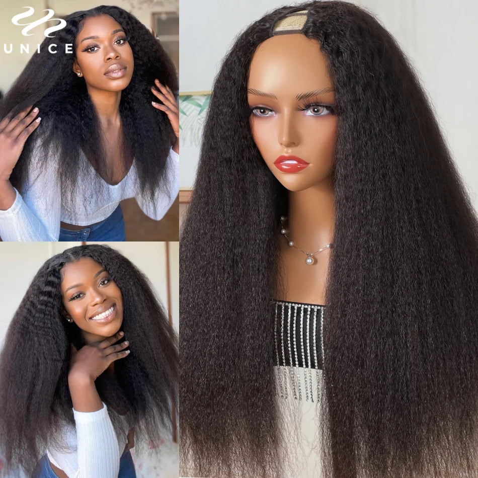 UNice Hair Drawstring Cap Kinky Straight V Part Wig & U Part Wig EasiContour 100% Human Hair Wigs No Glue Small Head Friendly