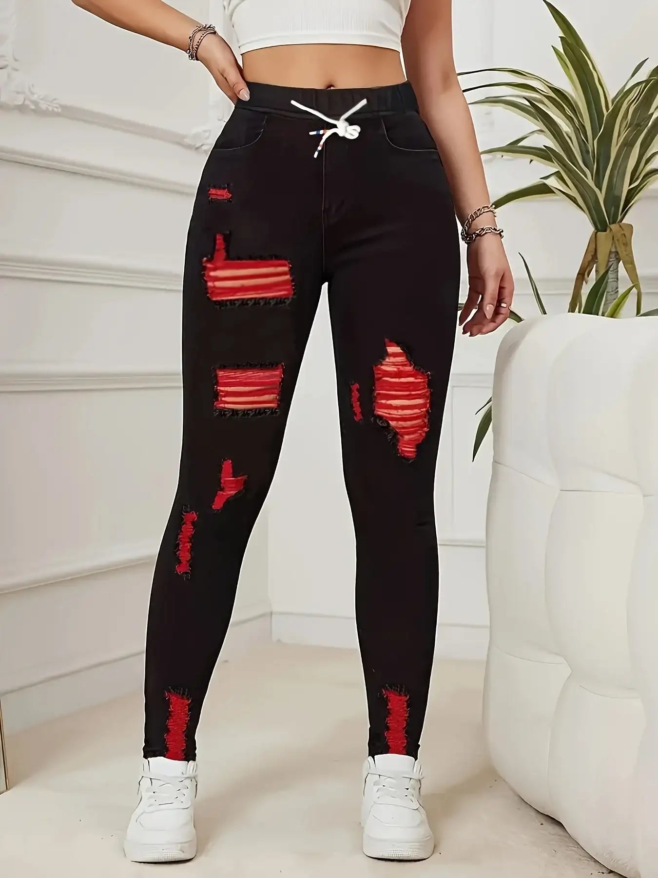 Women's Stretch Jeans Elastic Waist Drawstring Elegant Distressed Red Skinny Personalized Designer Style Suitable for All Seaso