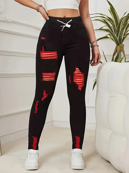 Women's Stretch Jeans Elastic Waist Drawstring Elegant Distressed Red Skinny Personalized Designer Style Suitable for All Seaso