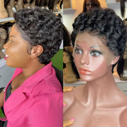 Pixie Curly 100% Human Hair Wig 13x4 Short Bob Wig Pixie Cut #350 Colored 99J  Lace Frontal Human Hair Wigs for Black Women - Badiee Stylez