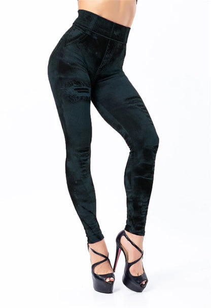 2024 Sexy Astic Imitation Jeans Leggings Women Stretch High Waist Pants Fitness Slim Push Up Leggings For Women Summer Breeches Black