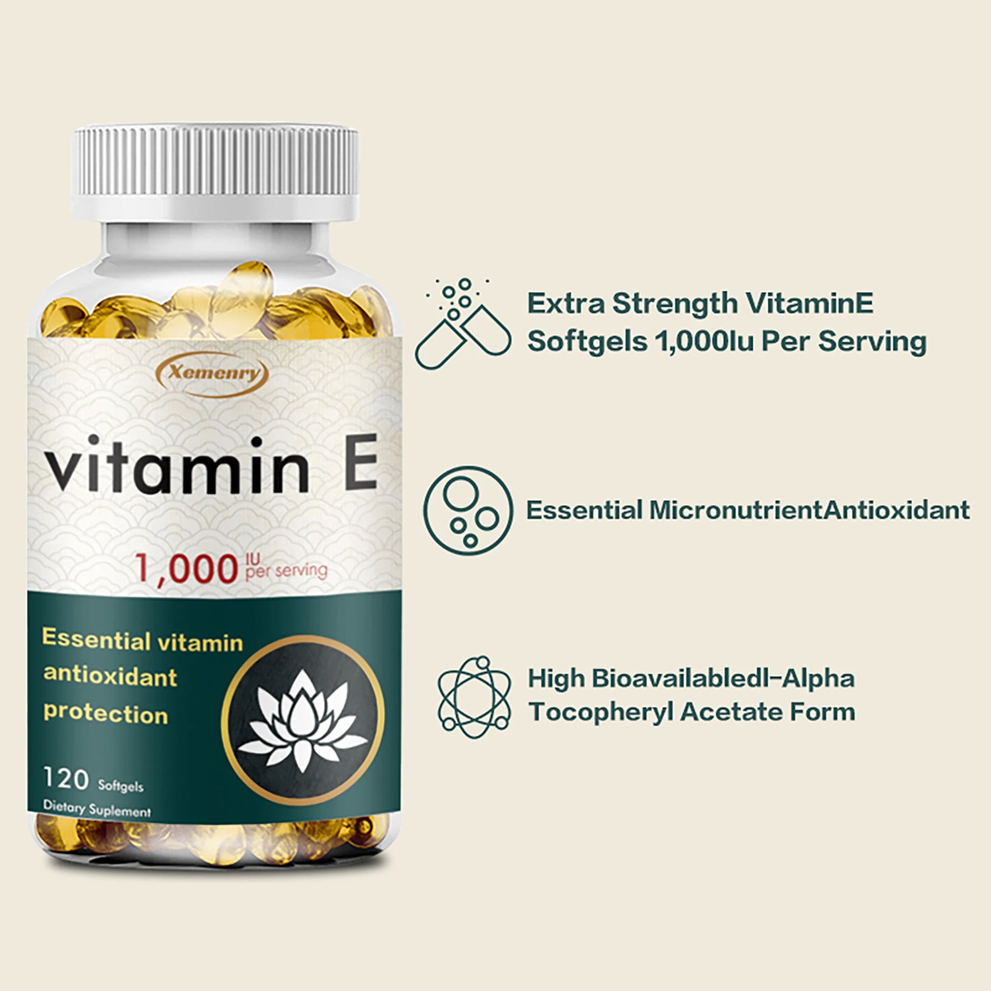 Vitamin E 1000IU Capsules - for Antioxidant, Skin, Cellular Respiration & Cardiovascular Health Support - 120 Capsules