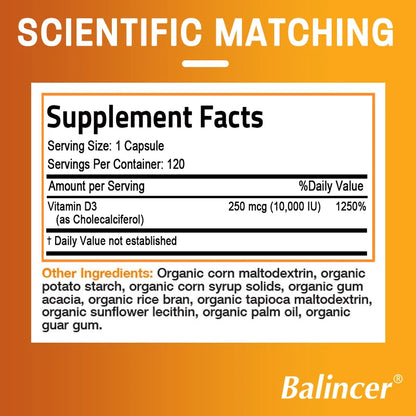 Vitamin D3 10000 IU for Immune Support Healthy Muscle Function and Bone Health High Potency Organic Non-GMO Vitamin D Supplement