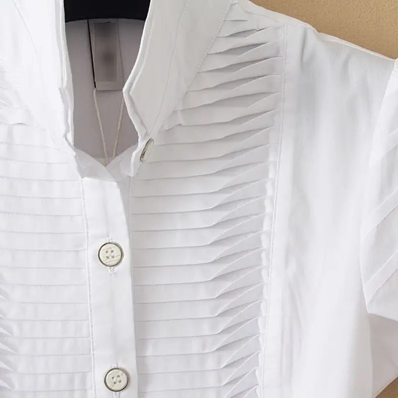 Elegant Bodysuit Women Short Sleeve White Color Shirring Design Blouses And Tops Office Lady Work Wear Formal Body Shirt Female