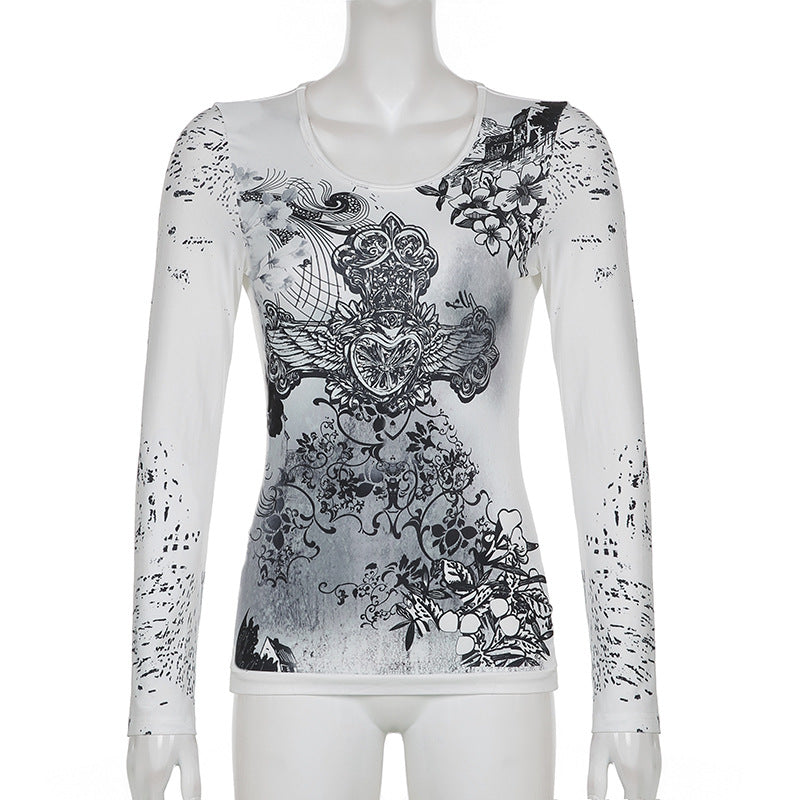 Women Long Sleeve Tops Gothic Graphic Print T-shirt Spring Fall Slim Fit Tee Tops Casual Shirts Y2K Aesthetic Clothes