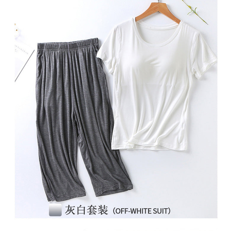 2025 summer new ladies modal pajamas two-piece suit with chest pad short-sleeved cropped trousers plus size home service set