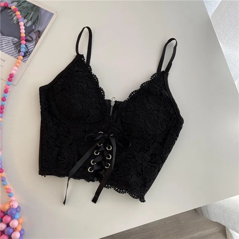 SINGREINY Sexy Lace Strap Crop Tops For Women Fashion Sleeveless Design Corset Bustier Party Top Summer Bralette Short Camisole black One Size