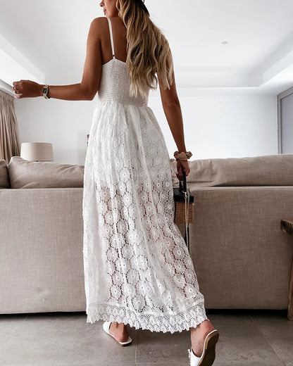 Summer V Neck Solid Color Lace Hollow-Out Sleeveless Sling Party Wear High Waist Rompers Holiday Casual White Women's Jumpsuit