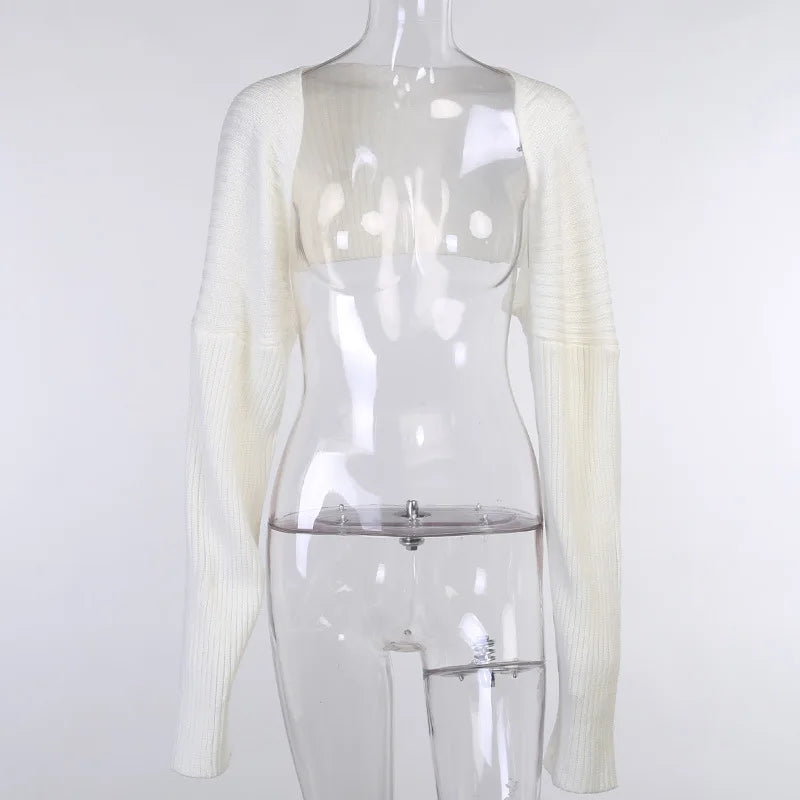 Tossy White Women Sweater Shrugs Cropped Top Full Lantern Sleeve Knitwear Pullover Sexy Summer High Street Outwear 2023 Spring