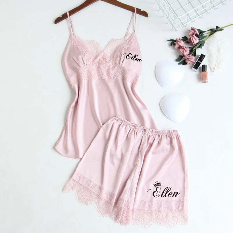 Personalized name Women Kimono Bathrobe Bride Bridesmaid Wedding Robe Set Lace Trim Sleepwear Casual Home Clothes Nightwear blush 2pcs set