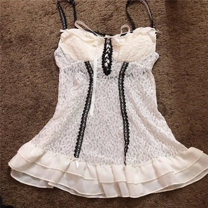 Lamuusaa y2k Aesthetic Lace Tops Women Dark Academia Clothes Ruffles V Neck Sleeveless Camisole 2000s Gothic Clothing Streetwear As photo shows