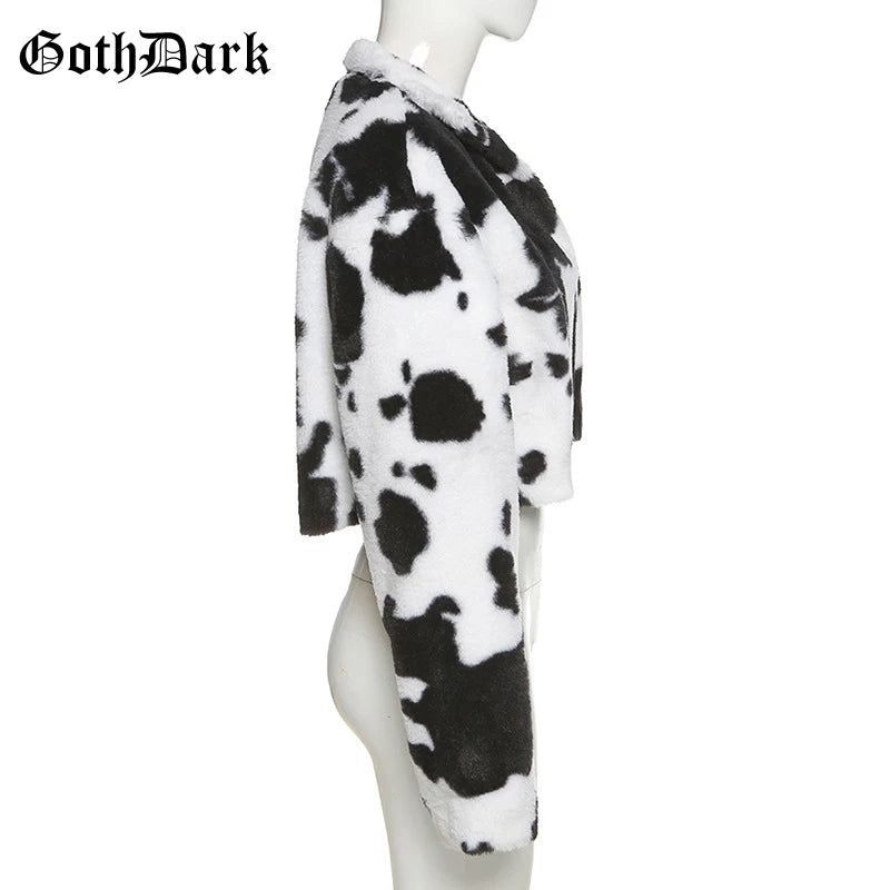 Goth Dark Punk Style Gothic Crop Faux Fur Y2k Coats Fashion Color Block Long Sleeve Women Cardigan Jackets Warm Streetwear 2023
