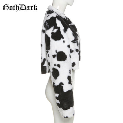 Goth Dark Punk Style Gothic Crop Faux Fur Y2k Coats Fashion Color Block Long Sleeve Women Cardigan Jackets Warm Streetwear 2023