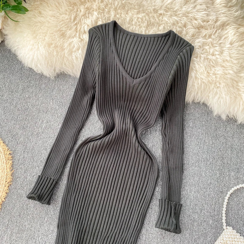 SINGRAIN Women Autumn Knitted Dress V Neck Sexy Slim Elastic Oversized Basic Bodycon Long Dress Winter knit Warm Sweater Dresses