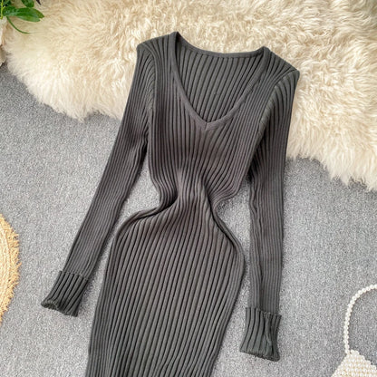 SINGRAIN Women Autumn Knitted Dress V Neck Sexy Slim Elastic Oversized Basic Bodycon Long Dress Winter knit Warm Sweater Dresses
