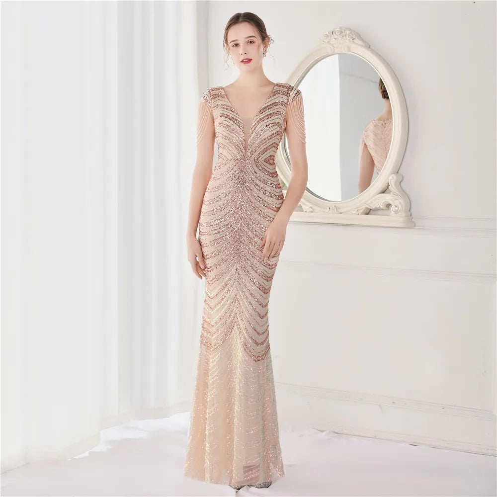 DEERVEADO Elegant V Neck Mermaid Evening Dress Long Luxury Beads Women Evening Party Dresses 2025 New Formal Dress 19085 Badiee Stylez