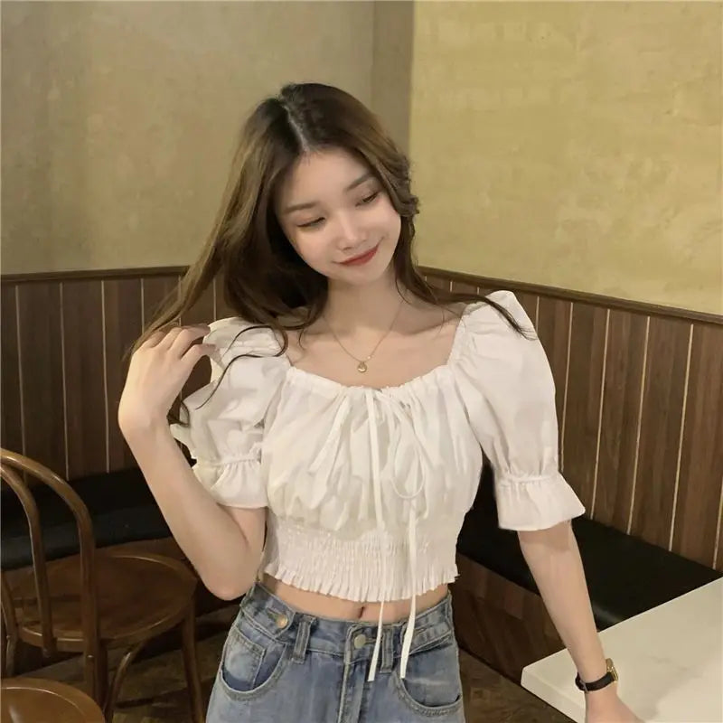 Off Shoulder Lace Up Bow Crop Top Blouse Women Summer Shirring Puff Short Sleeve Female Shirts Sweet Ruffle Tunic Korean Fashion