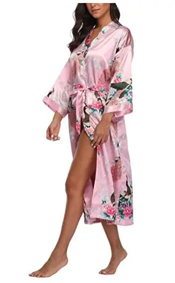 Sexy Women Long Robe With Pocket Wedding Bride Bridesmaid Dressing Gown Rayon Kimono Bathrobe Large Size S-XXXL Night Dress pink