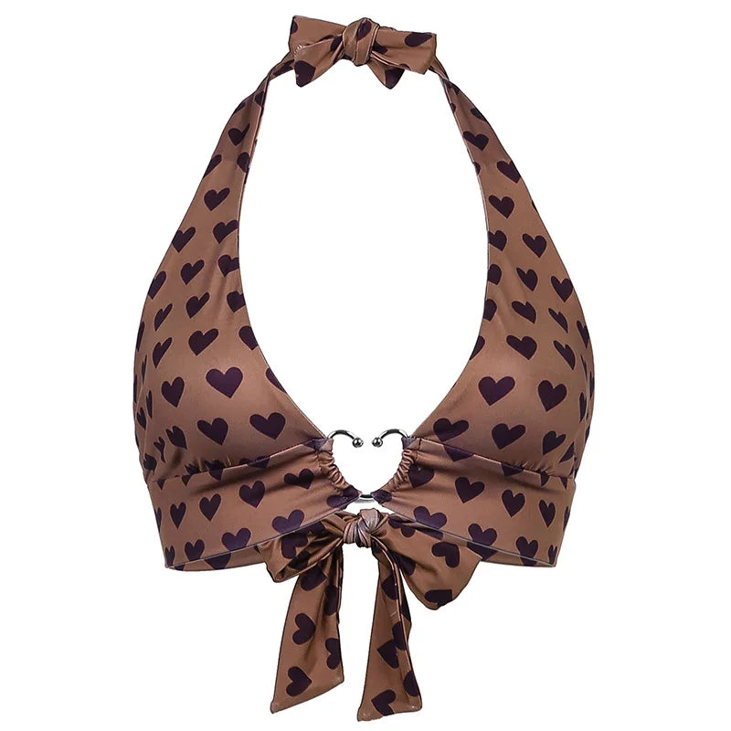 Pink Heart Print Cute Bustier Crop Top Women Aesthetic Kawaii Clothes Sleeveless Backless Lace Up Bralette Camisole Brown