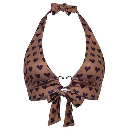 Pink Heart Print Cute Bustier Crop Top Women Aesthetic Kawaii Clothes Sleeveless Backless Lace Up Bralette Camisole Brown