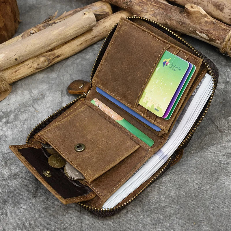 2023 New Short Wallet Men Women Vintage Fashion Card Holder Zipper Coin Purse Crazy Horse Leather Mens Slim Zipper Purse Wallet