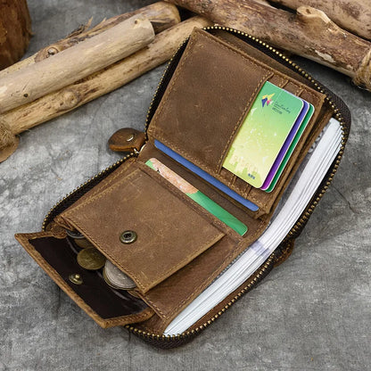 2023 New Short Wallet Men Women Vintage Fashion Card Holder Zipper Coin Purse Crazy Horse Leather Mens Slim Zipper Purse Wallet