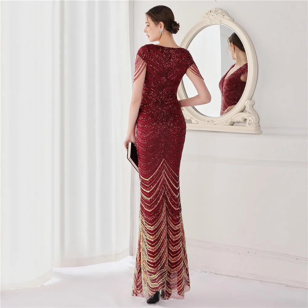 DEERVEADO Elegant V Neck Mermaid Evening Dress Long Luxury Beads Women Evening Party Dresses 2025 New Formal Dress 19085 Badiee Stylez