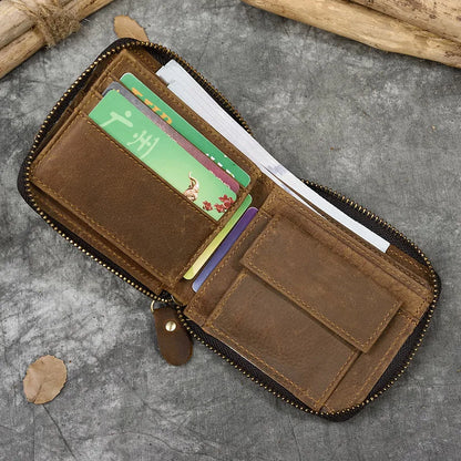 2023 New Short Wallet Men Women Vintage Fashion Card Holder Zipper Coin Purse Crazy Horse Leather Mens Slim Zipper Purse Wallet