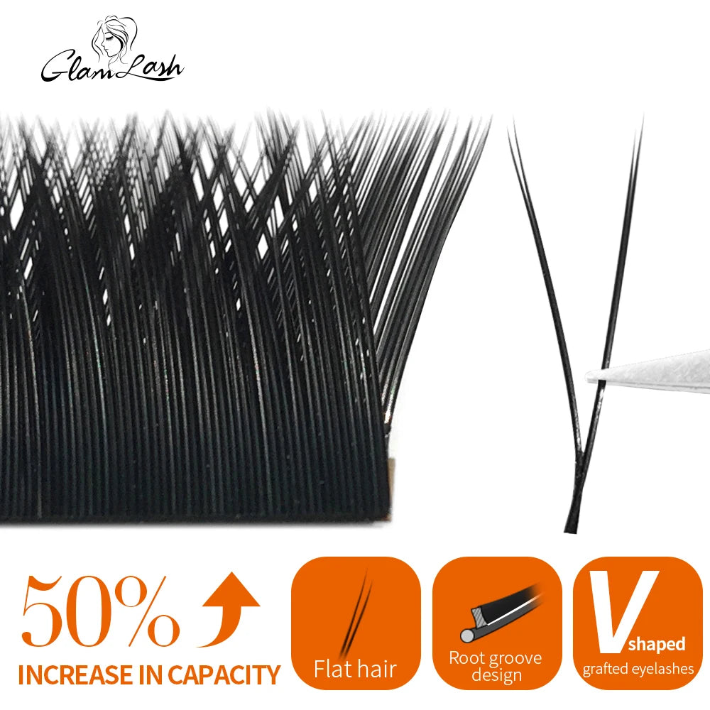 GLAMLASH V-Shape Ellipse Flat Split Tips YY Eyelash Extension Premade Volume Double Tips Easy-fans 2D Eyelash Super Soft Natural V Ellipse Flat Lash C