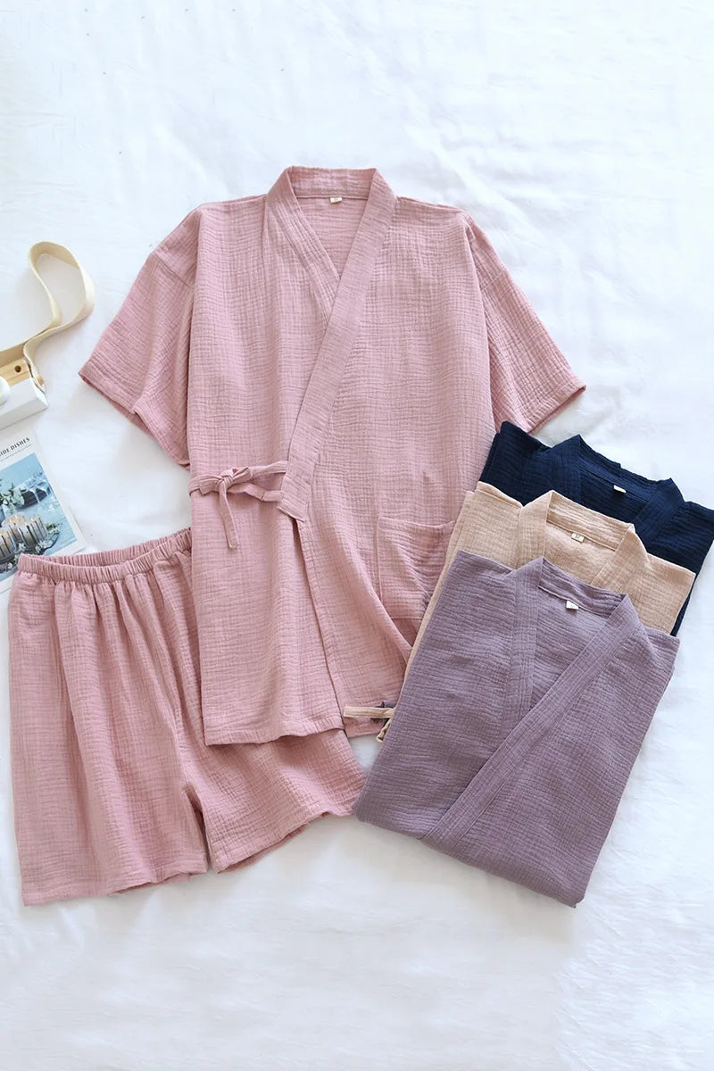 Summer Japanese Couples Pajamas Thin Cotton Gauze Crepe Short Sleeve Shorts Kimono Men and Women Home Clothes 2 Piece Sleepwear