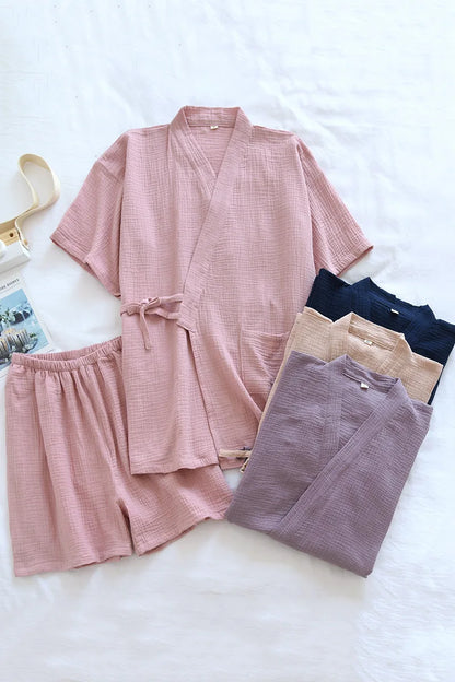 Summer Japanese Couples Pajamas Thin Cotton Gauze Crepe Short Sleeve Shorts Kimono Men and Women Home Clothes 2 Piece Sleepwear