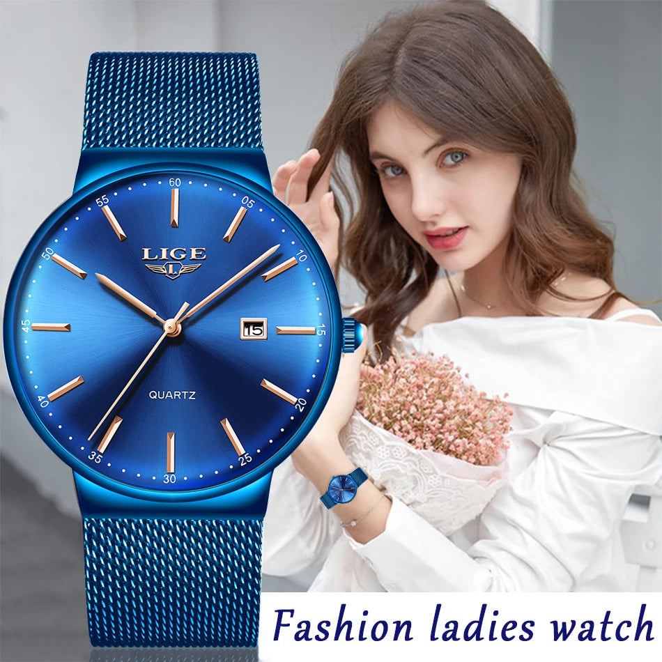 LIGE Fashion Luxury Womens Watch Ultra-thin Steel Mesh Strap Quartz Wristwatch Women Clock Casual Waterproof Watches Reloj Mujer