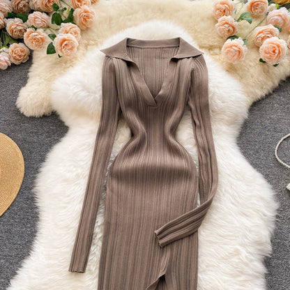 SINGREINY Women Korean Knitted Dress Long Sleeve V Neck Elastic Slim Pencil Dresses 2021 Autumn Sexy Bodycon Split Sweater Dress
